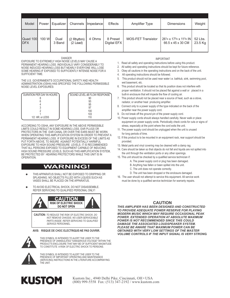 Warning, Caution | Kustom Quad 100 DFX User Manual | Page 2 / 4