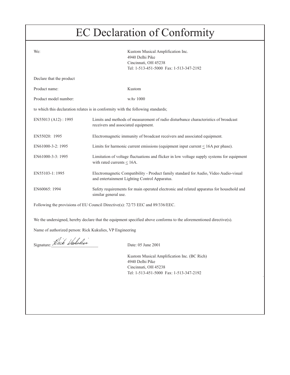 Ec declaration of conformity | Kustom Wav 1000 User Manual | Page 15 / 16