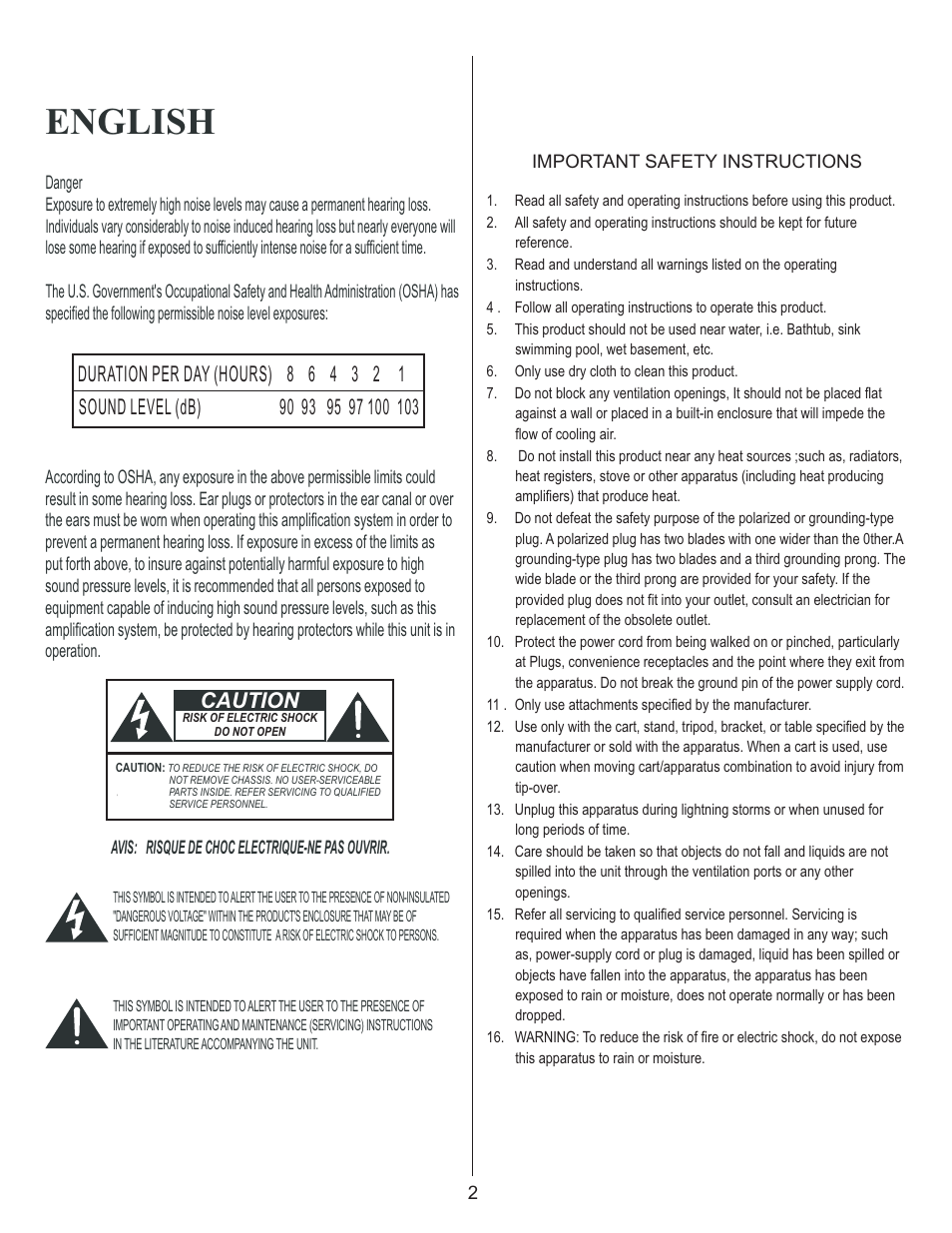 English, Caution | Kustom Wav 1000 User Manual | Page 2 / 16