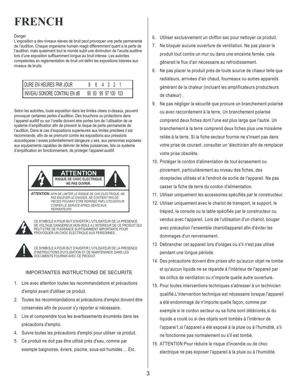 French, Attention | Kustom Wav 1000 User Manual | Page 3 / 16
