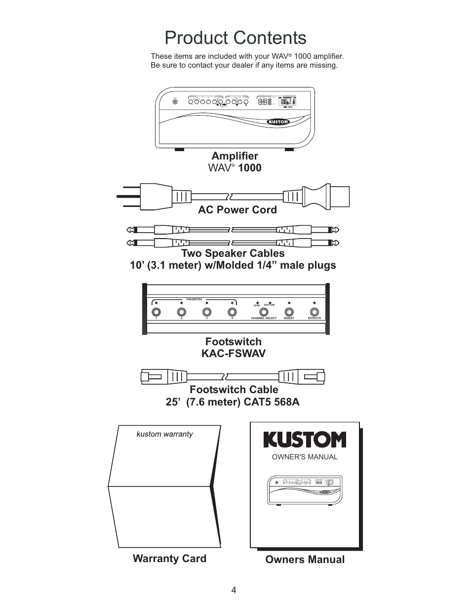 Product contents, Owners manual warranty card amplifier wav | Kustom Wav 1000 User Manual | Page 4 / 16