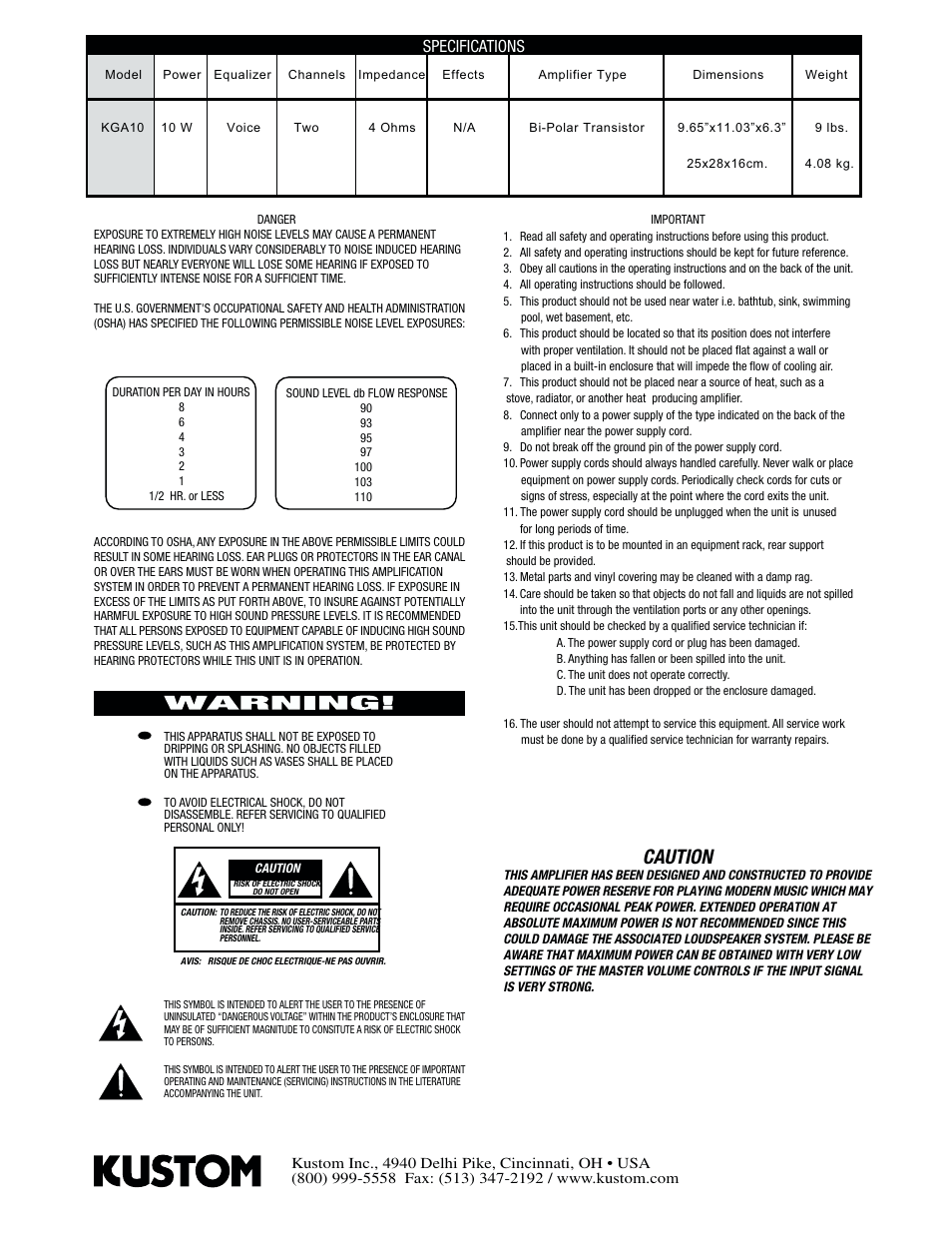 Caution, Specifications | Kustom KGA10 User Manual | Page 2 / 4