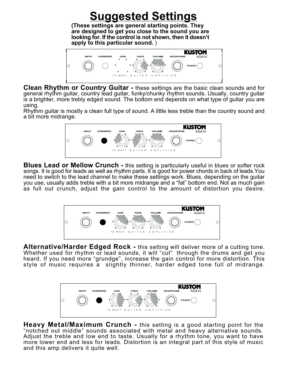 Suggested settings, Clean rhythm or country guitar, Blues lead or mellow crunch | Alternative/harder edged rock, Heavy metal/maximum crunch | Kustom KGA10 User Manual | Page 4 / 4