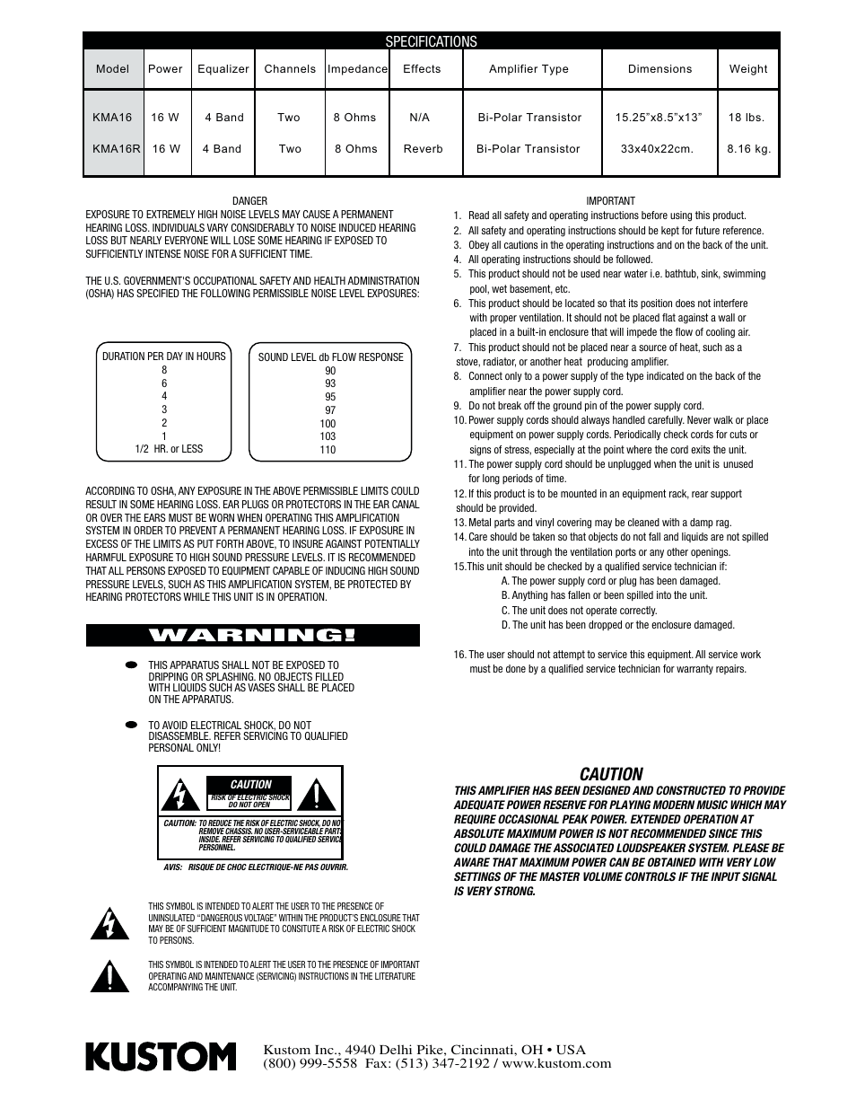 Caution, Specifications | Kustom KAA16 User Manual | Page 2 / 4