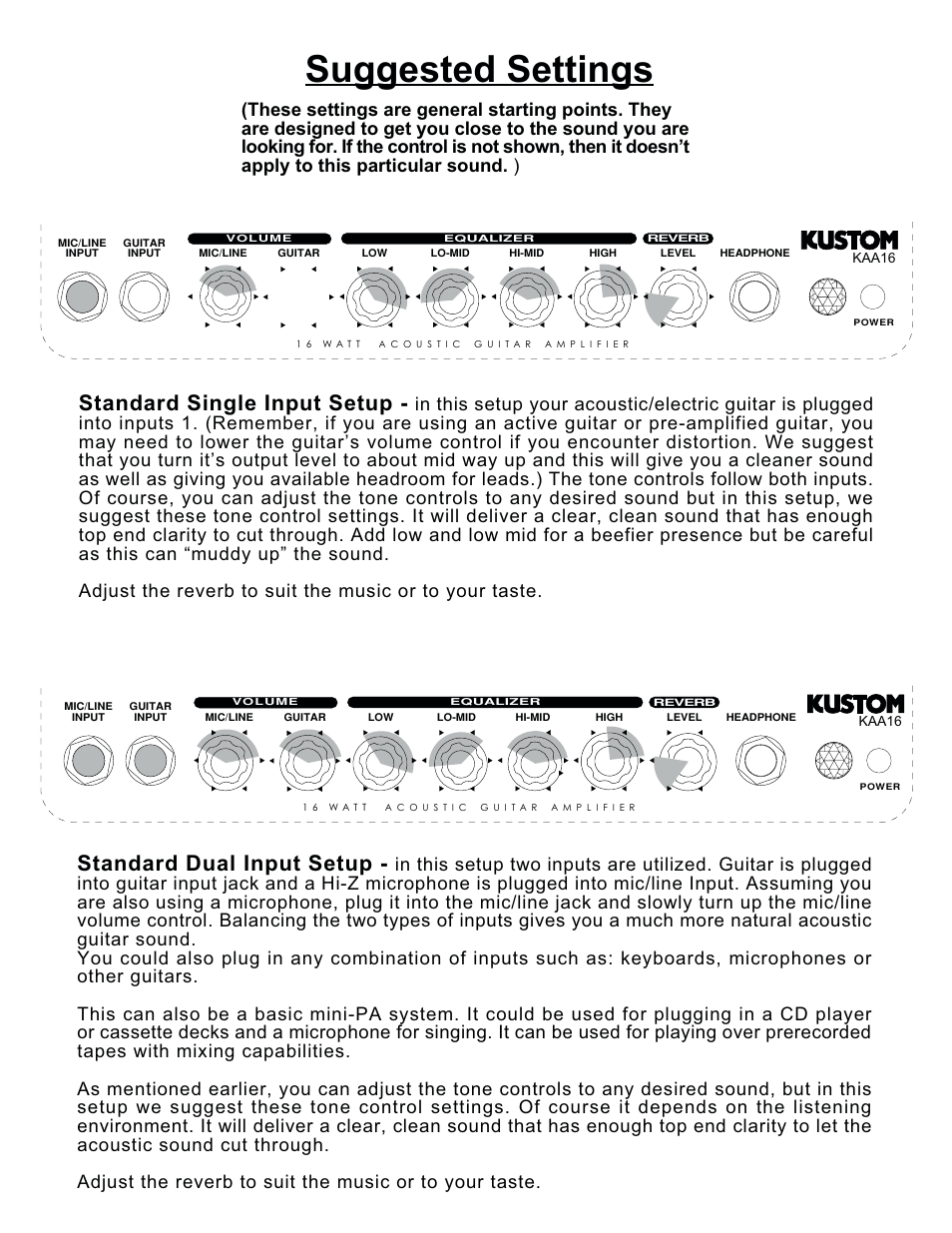 Suggested settings, Standard single input setup, Standard dual input setup | Kustom KAA16 User Manual | Page 4 / 4