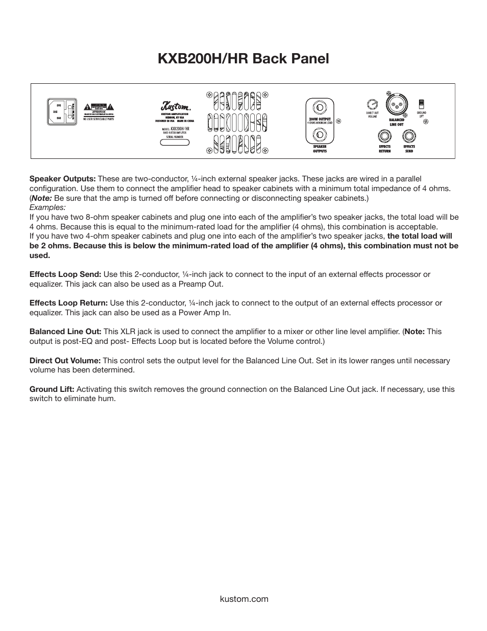 Kxb200h/hr back panel | Kustom KXB200H/HR User Manual | Page 6 / 12