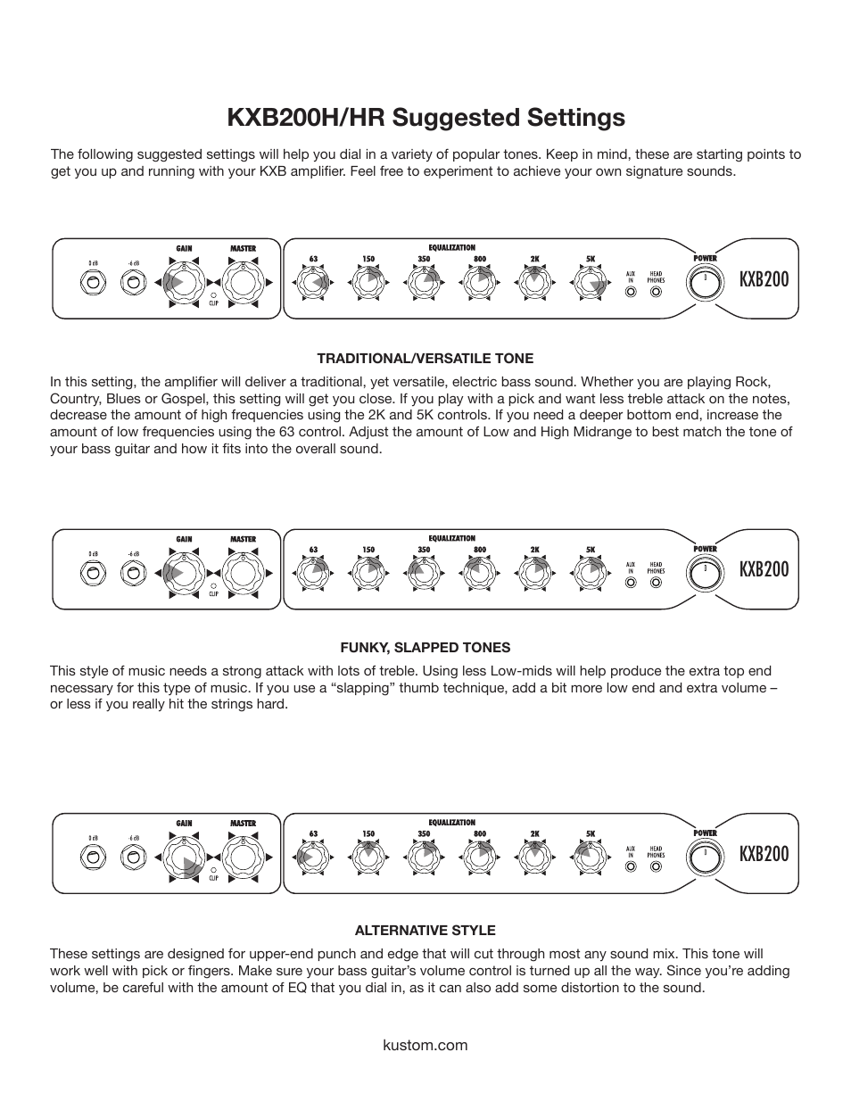 Kxb200h/hr suggested settings, Kxb200 | Kustom KXB200H/HR User Manual | Page 8 / 12