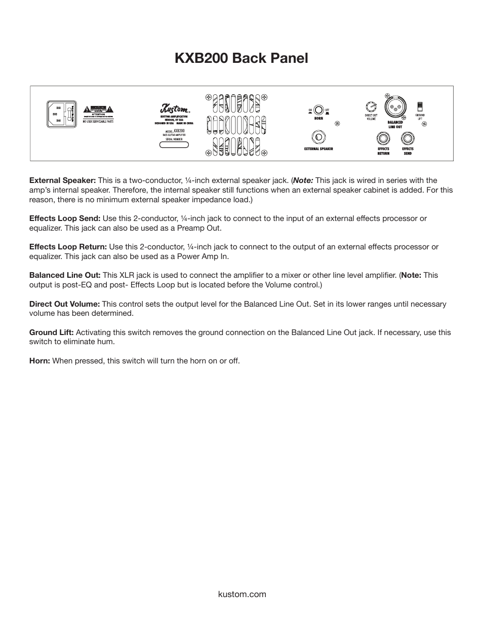 Kxb200 back panel | Kustom KXB200 User Manual | Page 6 / 12