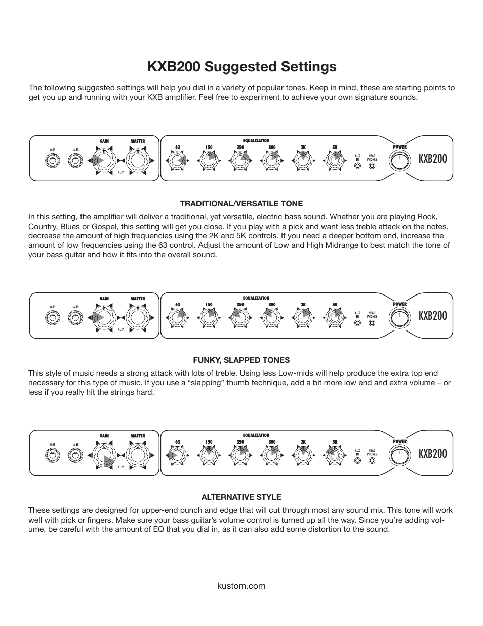 Kxb200 suggested settings, Kxb200 | Kustom KXB200 User Manual | Page 8 / 12