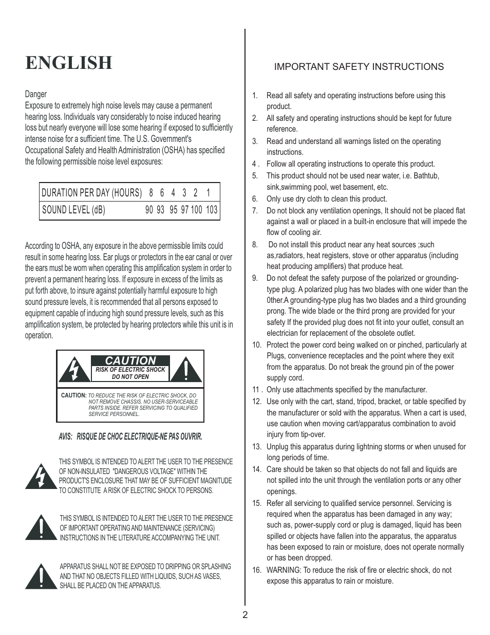 English, Caution | Kustom GROOVE 1200 User Manual | Page 2 / 12