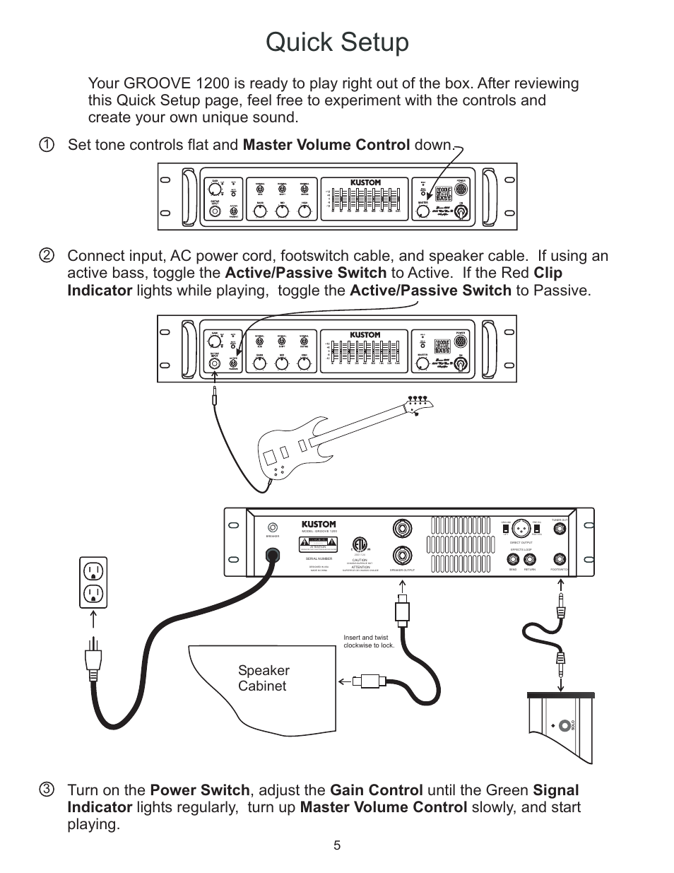 Quick setup, Speaker cabinet | Kustom GROOVE 1200 User Manual | Page 5 / 12