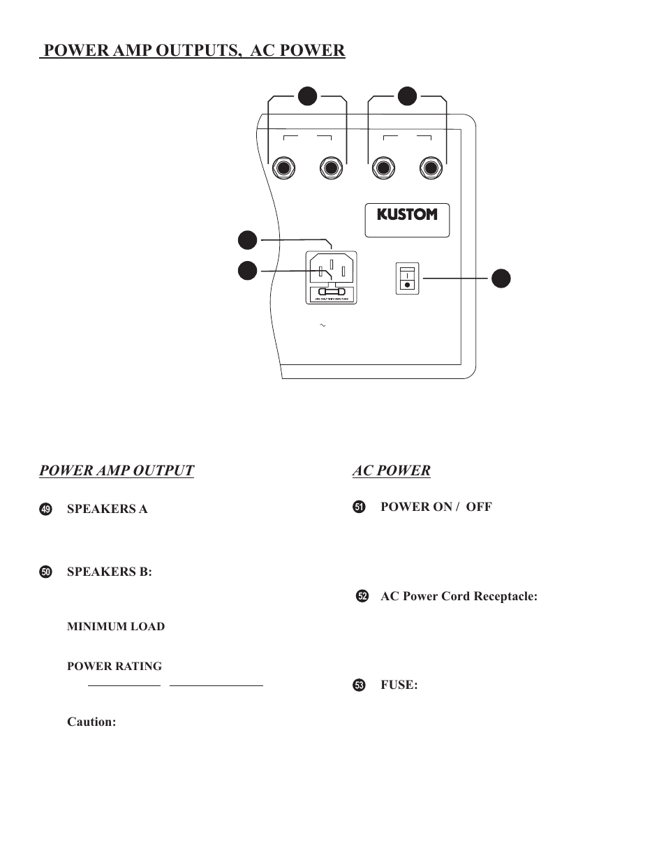 Power amp outputs, ac power, Power amp output ac power | Kustom KPM 8420T User Manual | Page 10 / 16