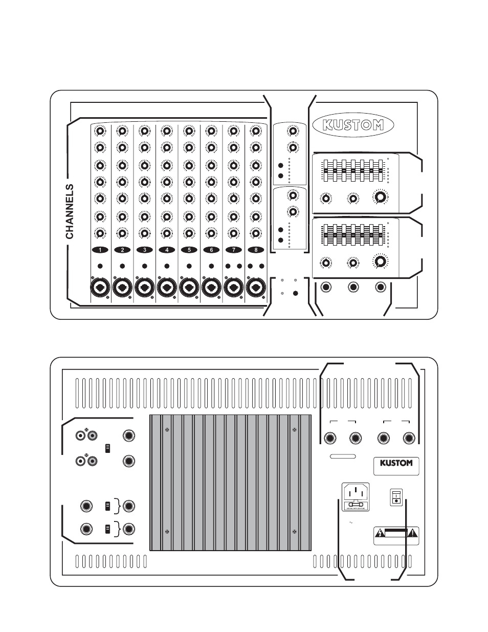 Front and rear panel layout, Channels, Pa tch ba y power amp output ac power | Main monitor effects | Kustom KPM 8420T User Manual | Page 4 / 16