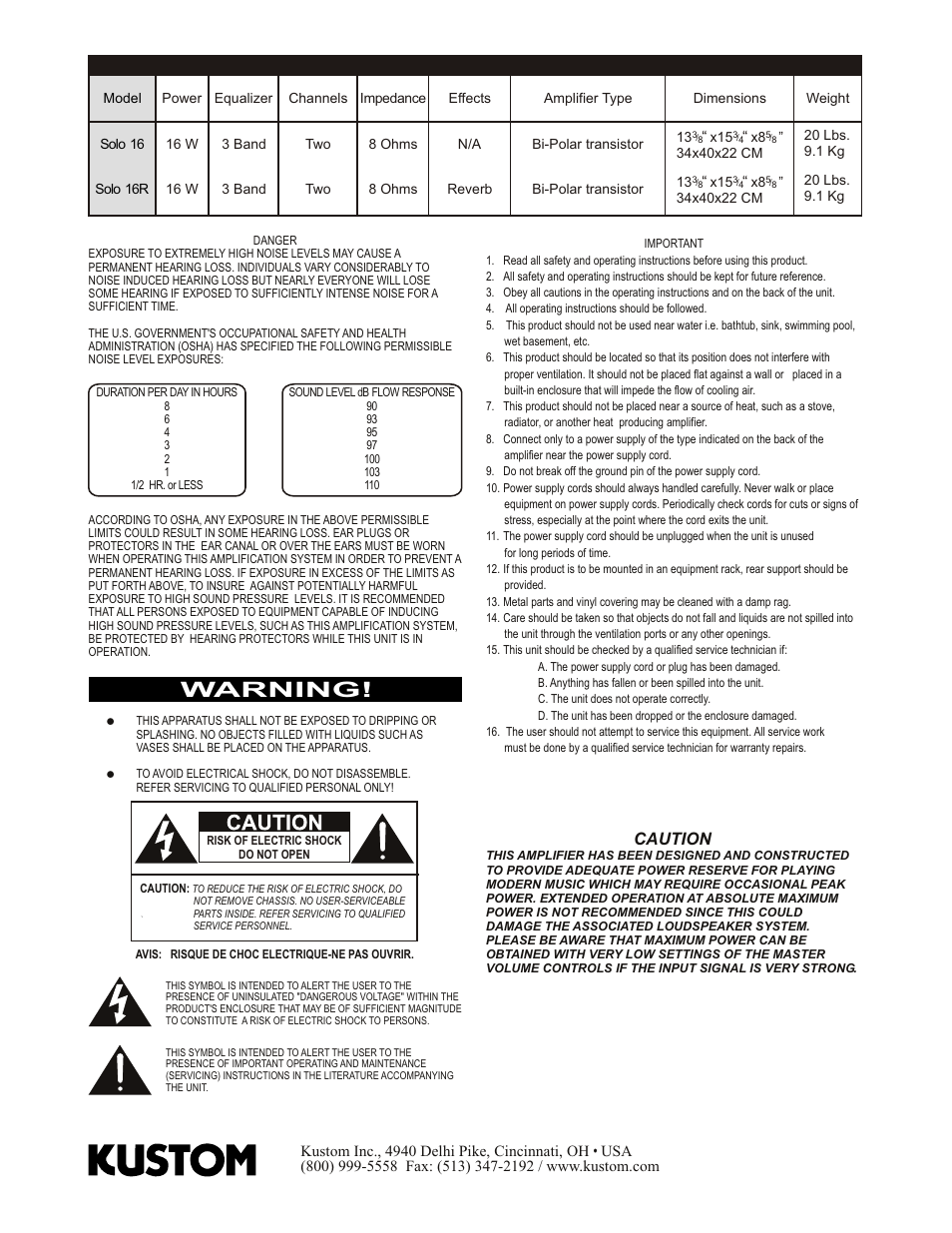 Warning, Caution | Kustom 16R User Manual | Page 2 / 4