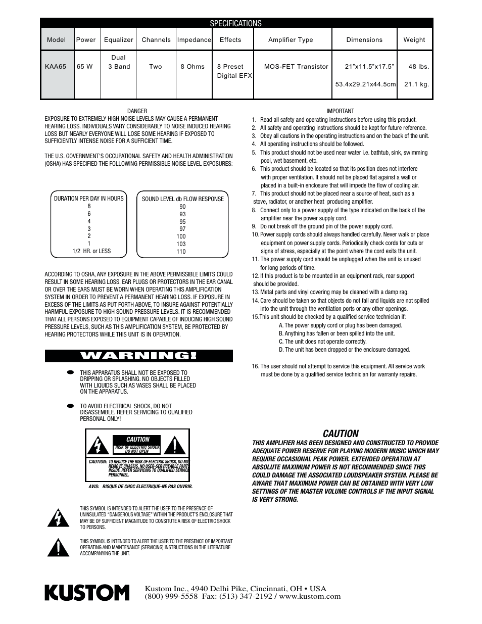 Caution, Specifications | Kustom KAA65 User Manual | Page 2 / 4