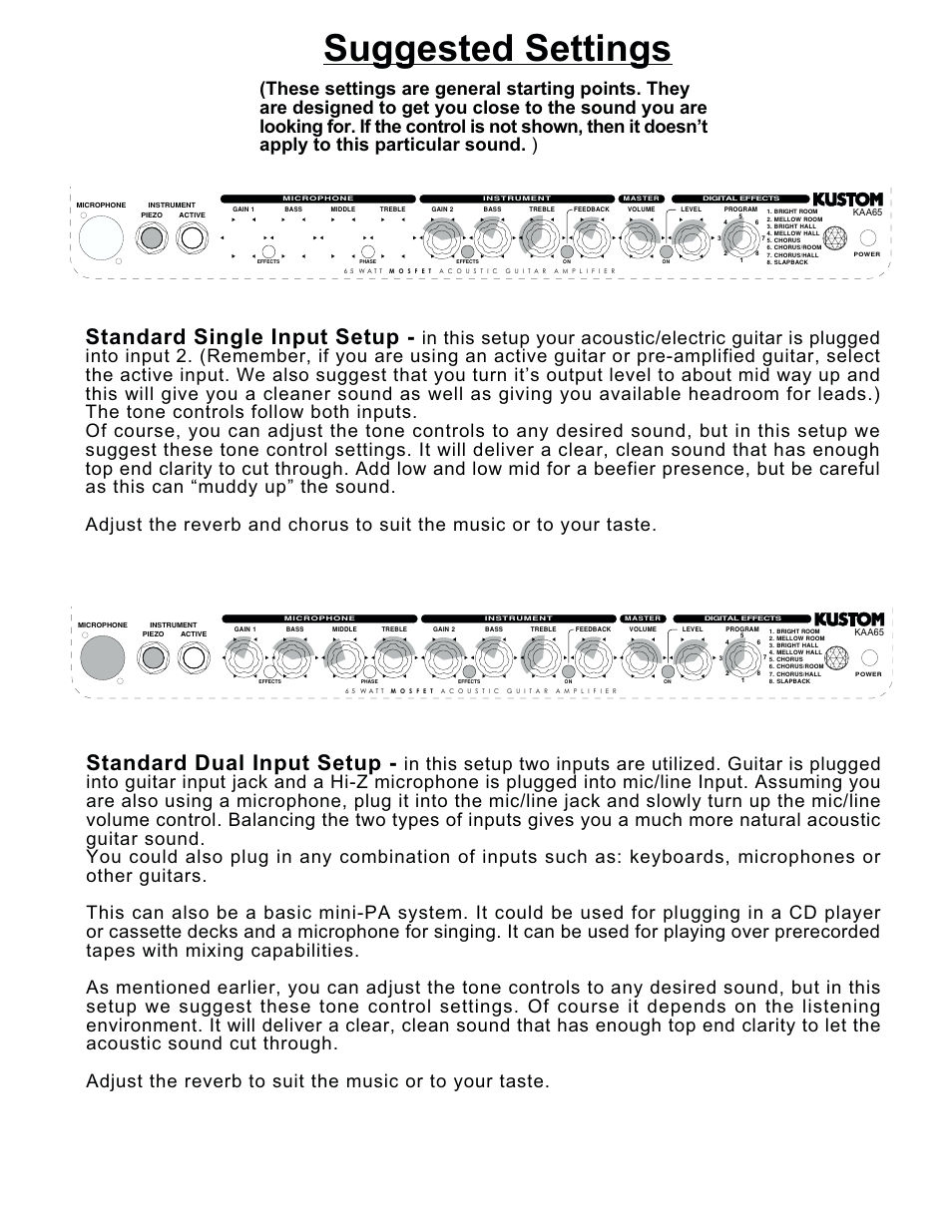 Suggested settings, Standard single input setup, Standard dual input setup | Kustom KAA65 User Manual | Page 4 / 4