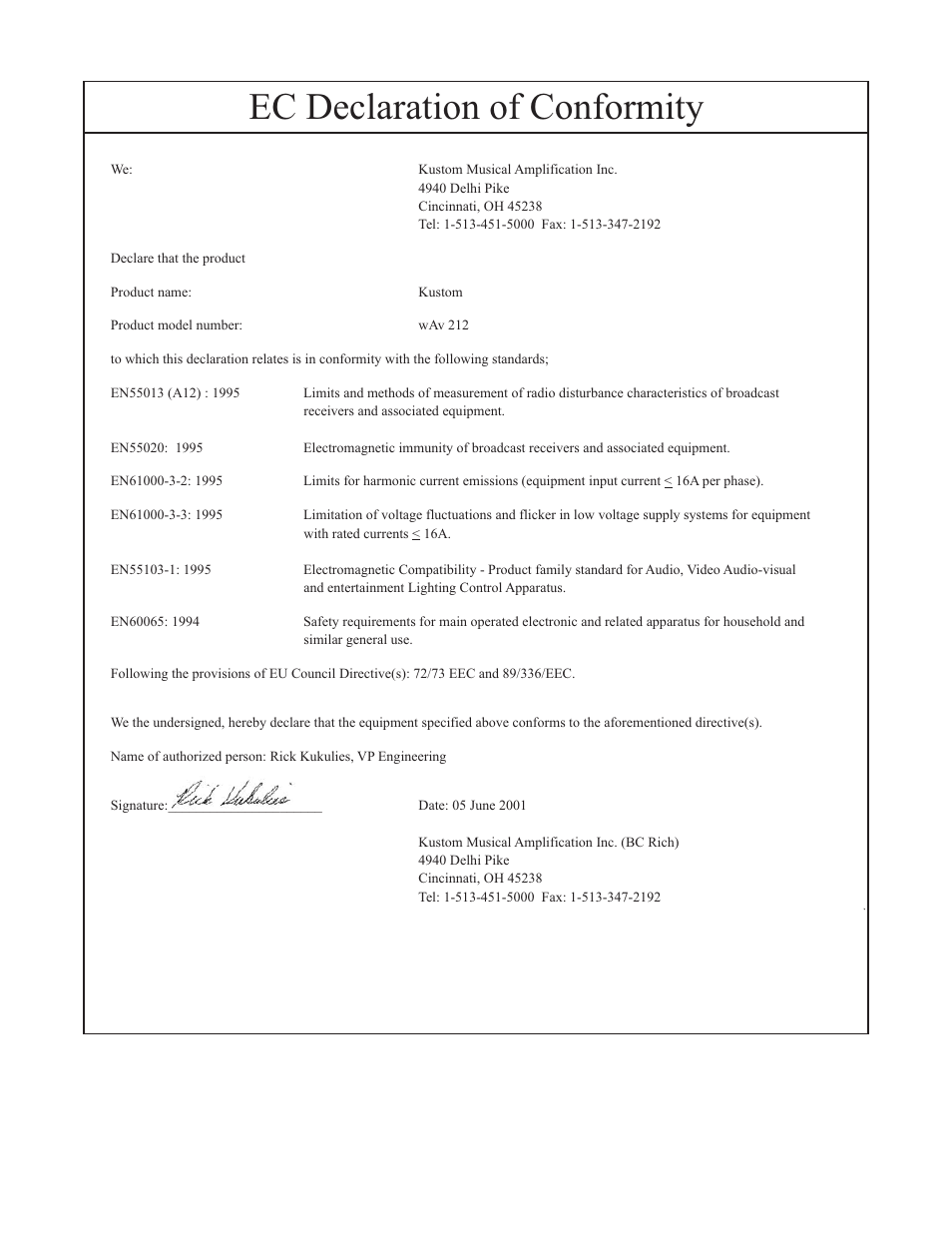 Ec declaration of conformity | Kustom WAV 212 User Manual | Page 15 / 16