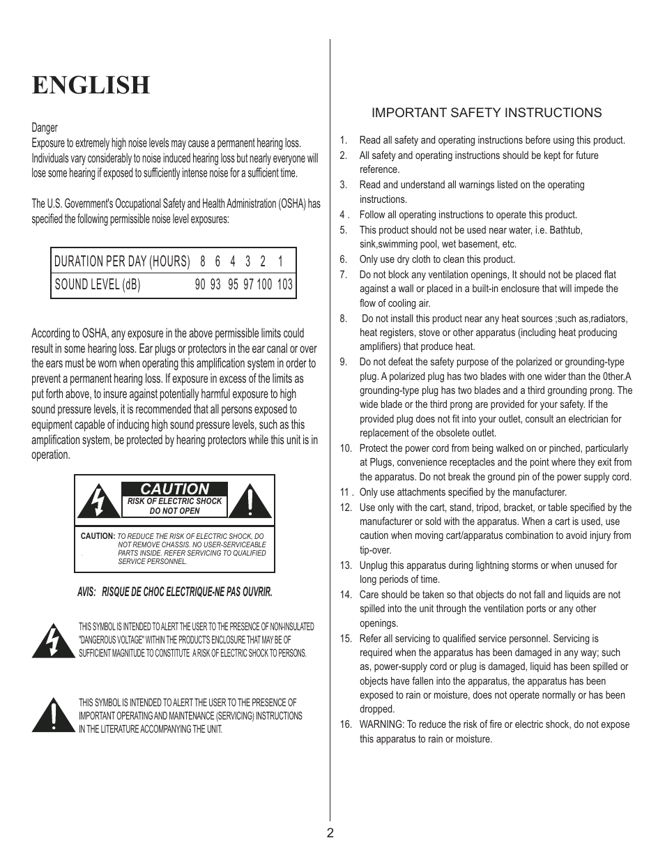 English, Caution | Kustom WAV 212 User Manual | Page 2 / 16