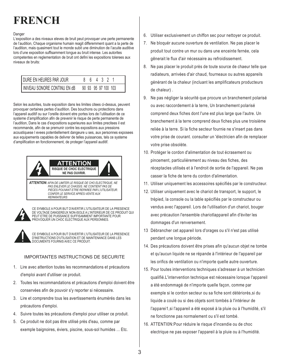 French, Attention | Kustom WAV 212 User Manual | Page 3 / 16