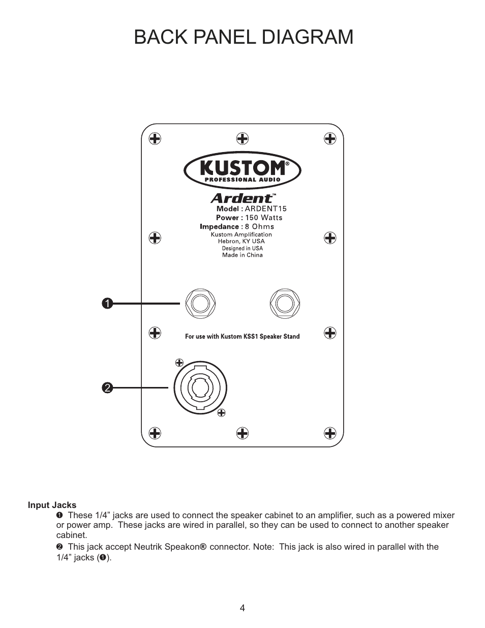 Back panel diagram | Kustom Ardent 15 User Manual | Page 4 / 8