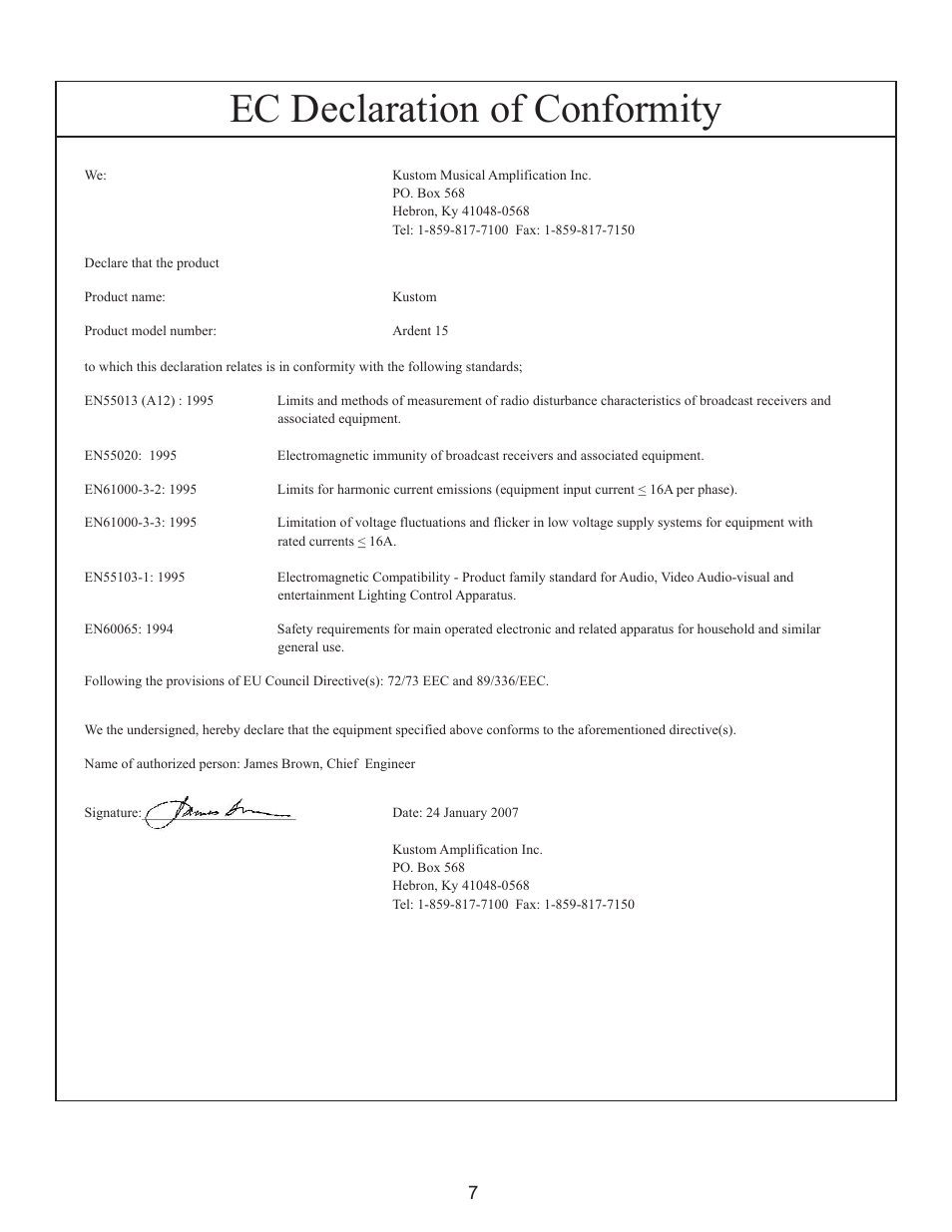 Ec declaration of conformity | Kustom Ardent 15 User Manual | Page 7 / 8