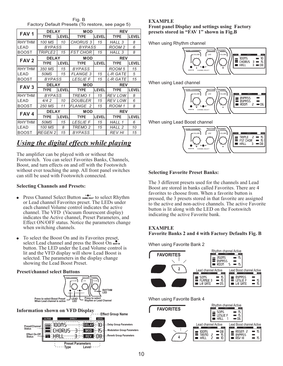 Using the digital effects while playing, Fav 3, Fav 4 | Fav 1 fav 2 | Kustom WAV 210 User Manual | Page 10 / 16