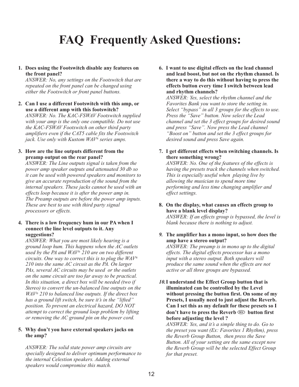 Faq frequently asked questions | Kustom WAV 210 User Manual | Page 12 / 16