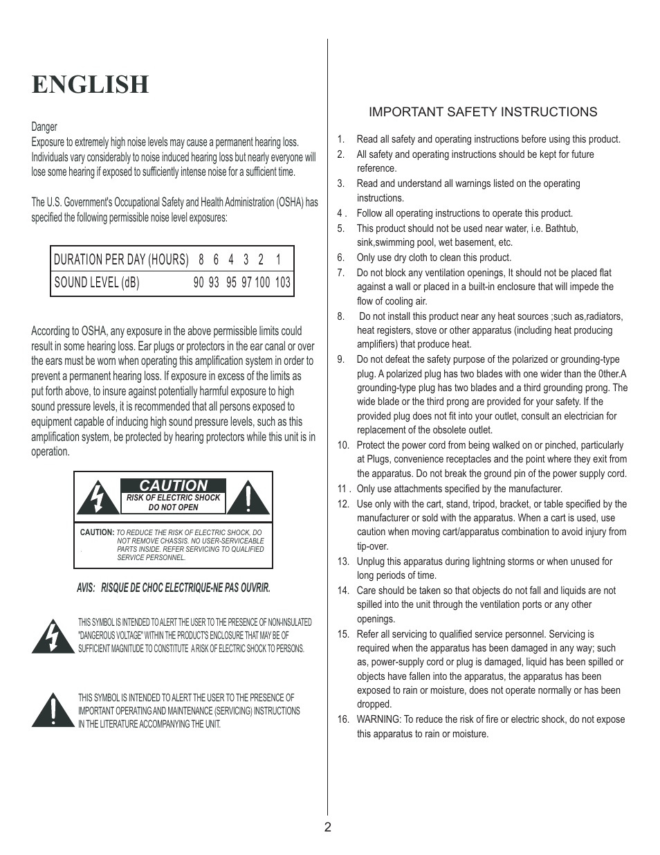 English, Caution | Kustom WAV 210 User Manual | Page 2 / 16