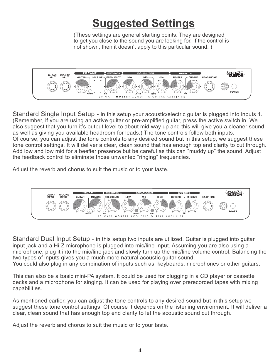 Suggested settings | Kustom Sienna30 User Manual | Page 4 / 4