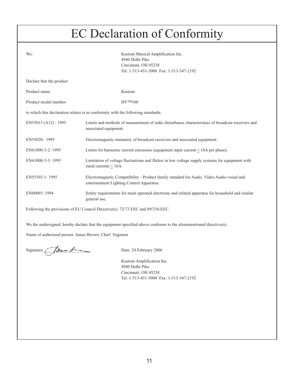 Ec declaration of conformity | Kustom HV 100TM User Manual | Page 11 / 12