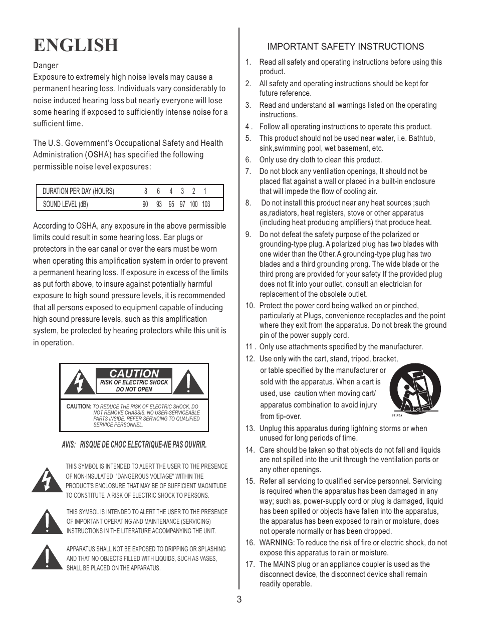 English, Caution | Kustom HV 100TM User Manual | Page 3 / 12