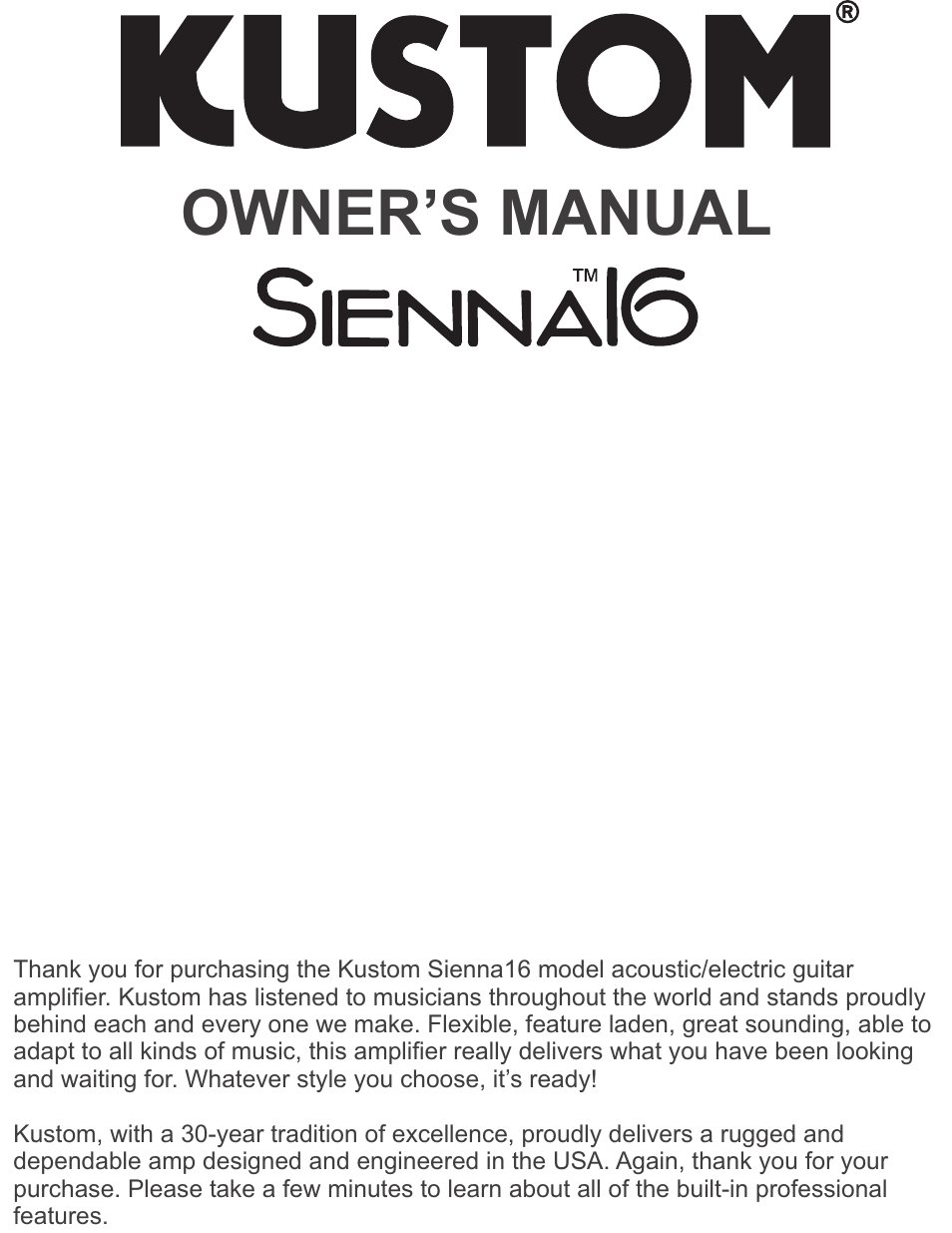 Kustom Sienna16 User Manual | 12 pages