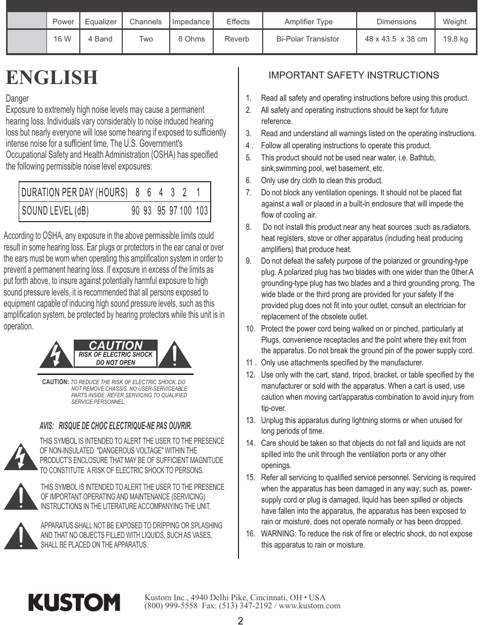 English, Caution, Avis: risque de choc electrique-ne pas ouvrir | Kustom Sienna16 User Manual | Page 2 / 12