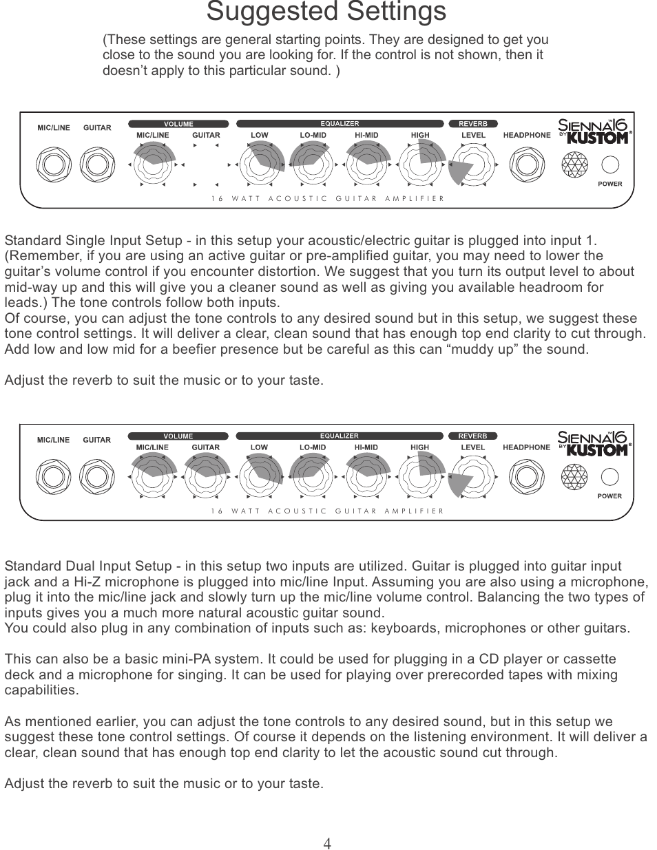 Suggested settings | Kustom Sienna16 User Manual | Page 4 / 12