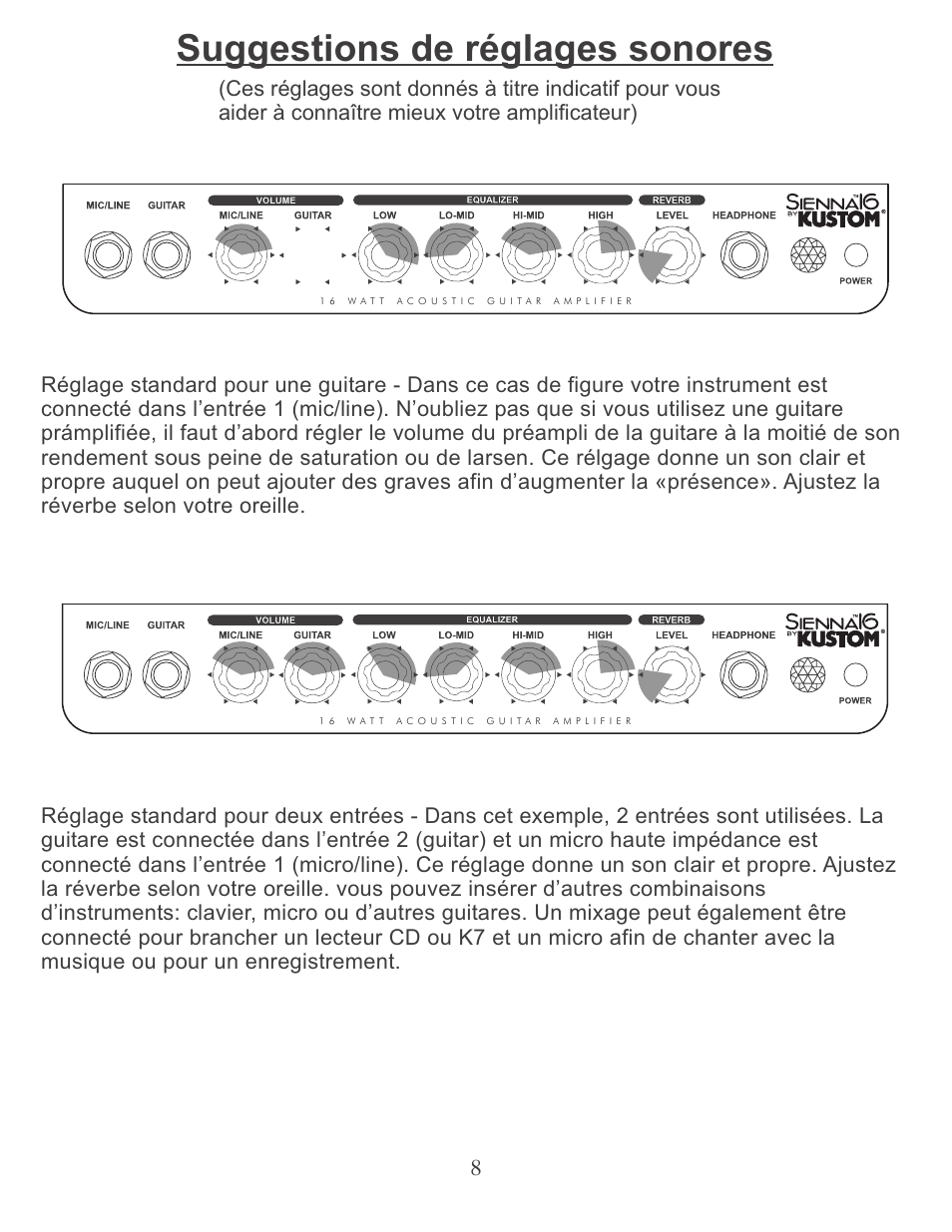 Suggestions de réglages sonores | Kustom Sienna16 User Manual | Page 8 / 12