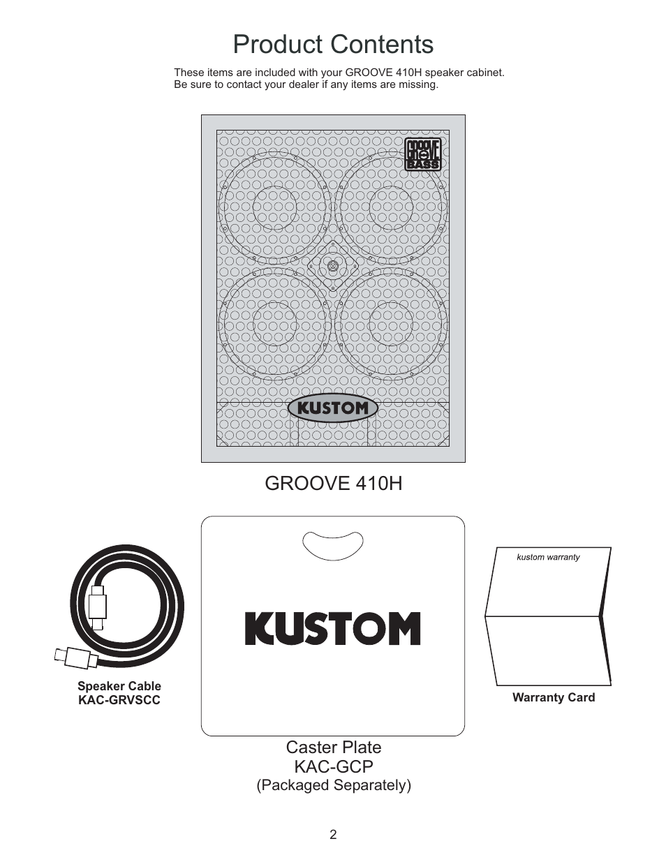 Product contents, Groove 410h | Kustom GROOVE 410H User Manual | Page 2 / 8