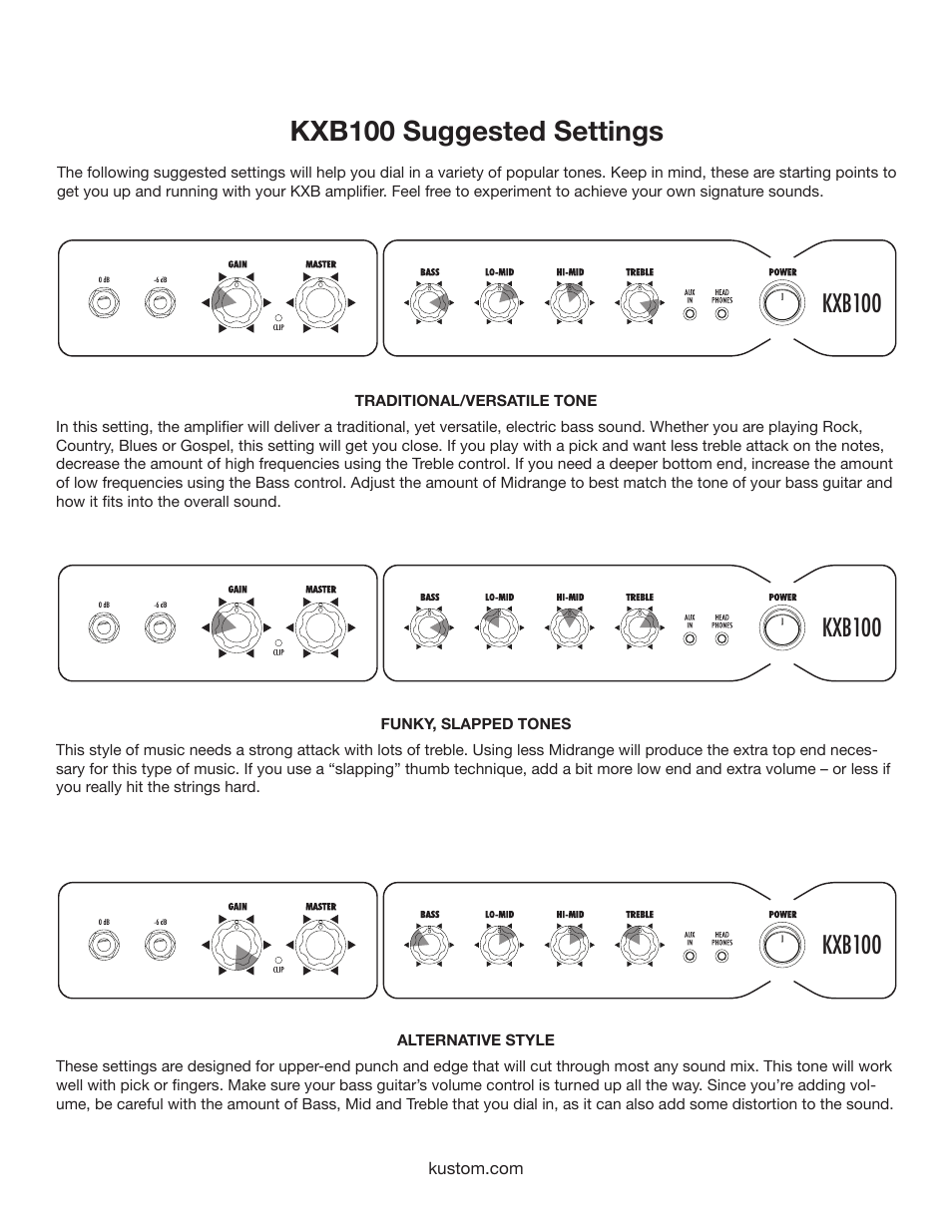 Kxb100 suggested settings, Kxb100 | Kustom KXB100 User Manual | Page 7 / 12