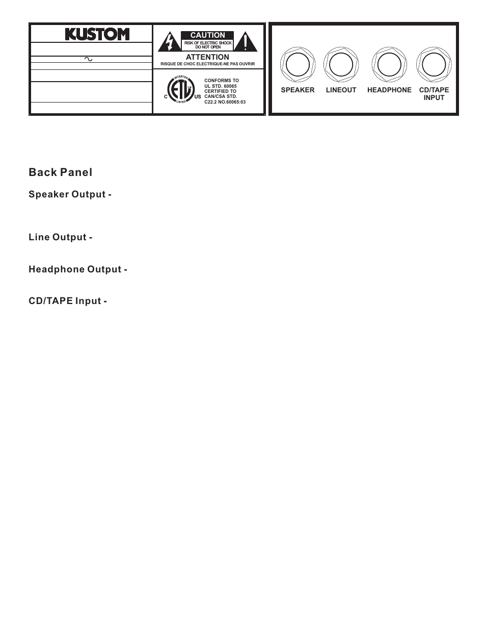 Back panel, Attention caution | Kustom 12 Gauge User Manual | Page 5 / 8