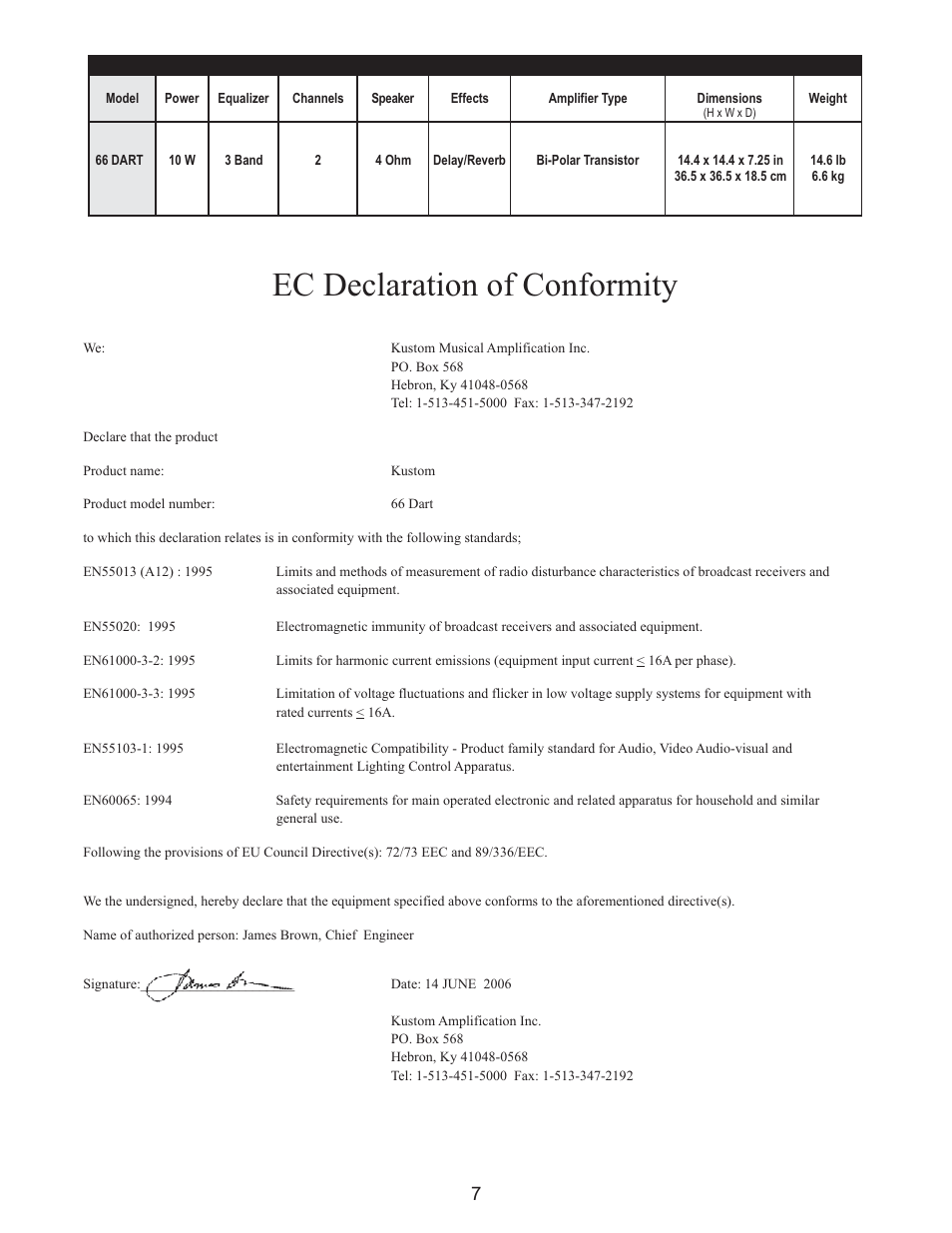 Ec declaration of conformity | Kustom 66 Dart User Manual | Page 7 / 8