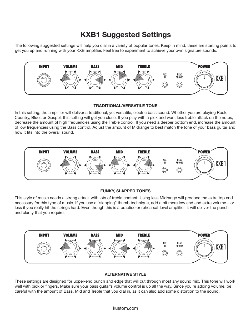 Kxb1 suggested settings, Kxb1 | Kustom KXB1 User Manual | Page 7 / 12