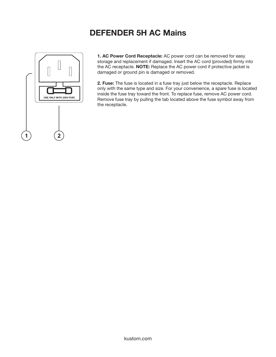 Defender 5h ac mains | Kustom 5H User Manual | Page 7 / 12