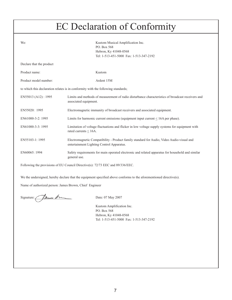 Ec declaration of conformity | Kustom Ardent 15M User Manual | Page 7 / 8