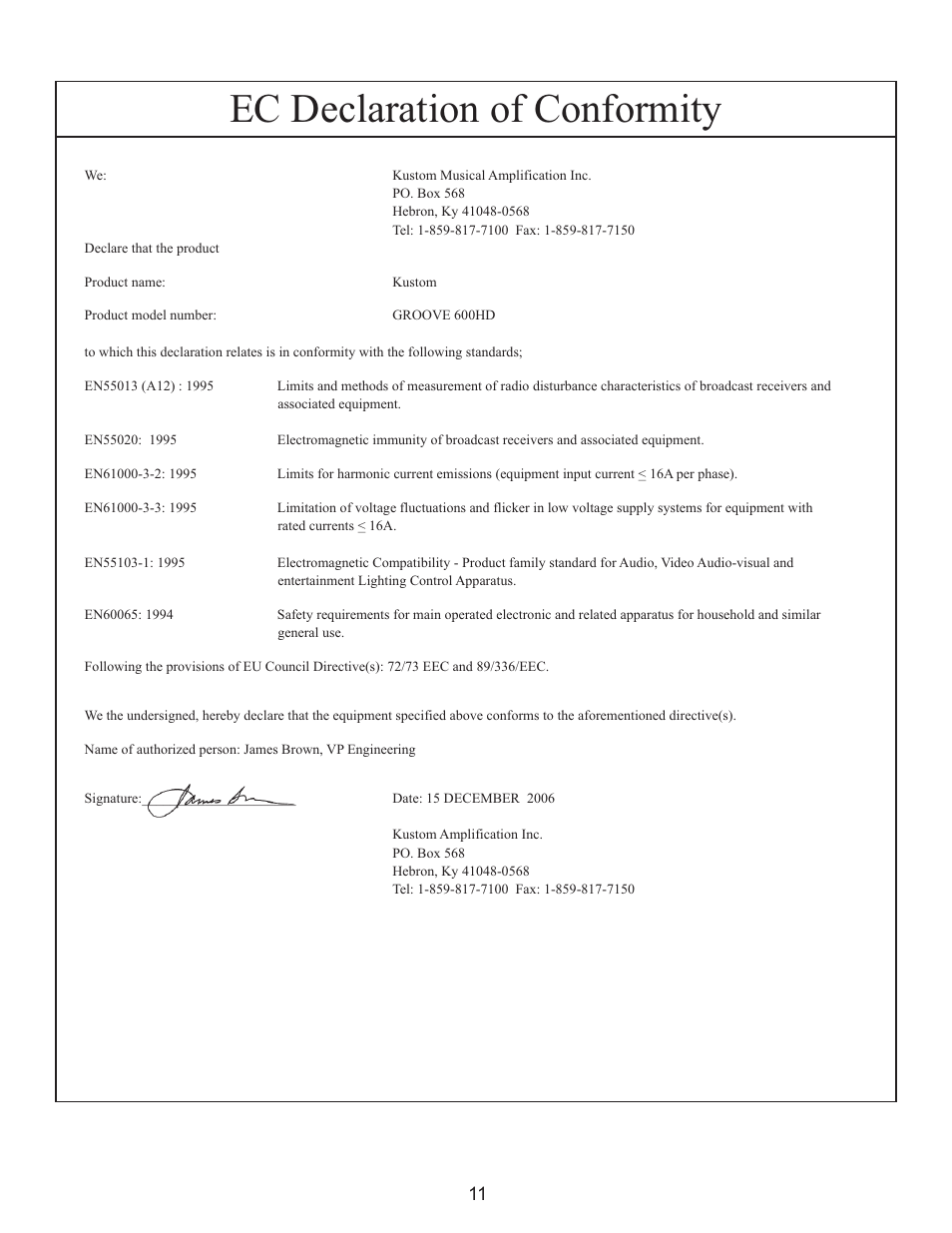 Ec declaration of conformity | Kustom GROOVE 600TM User Manual | Page 11 / 12