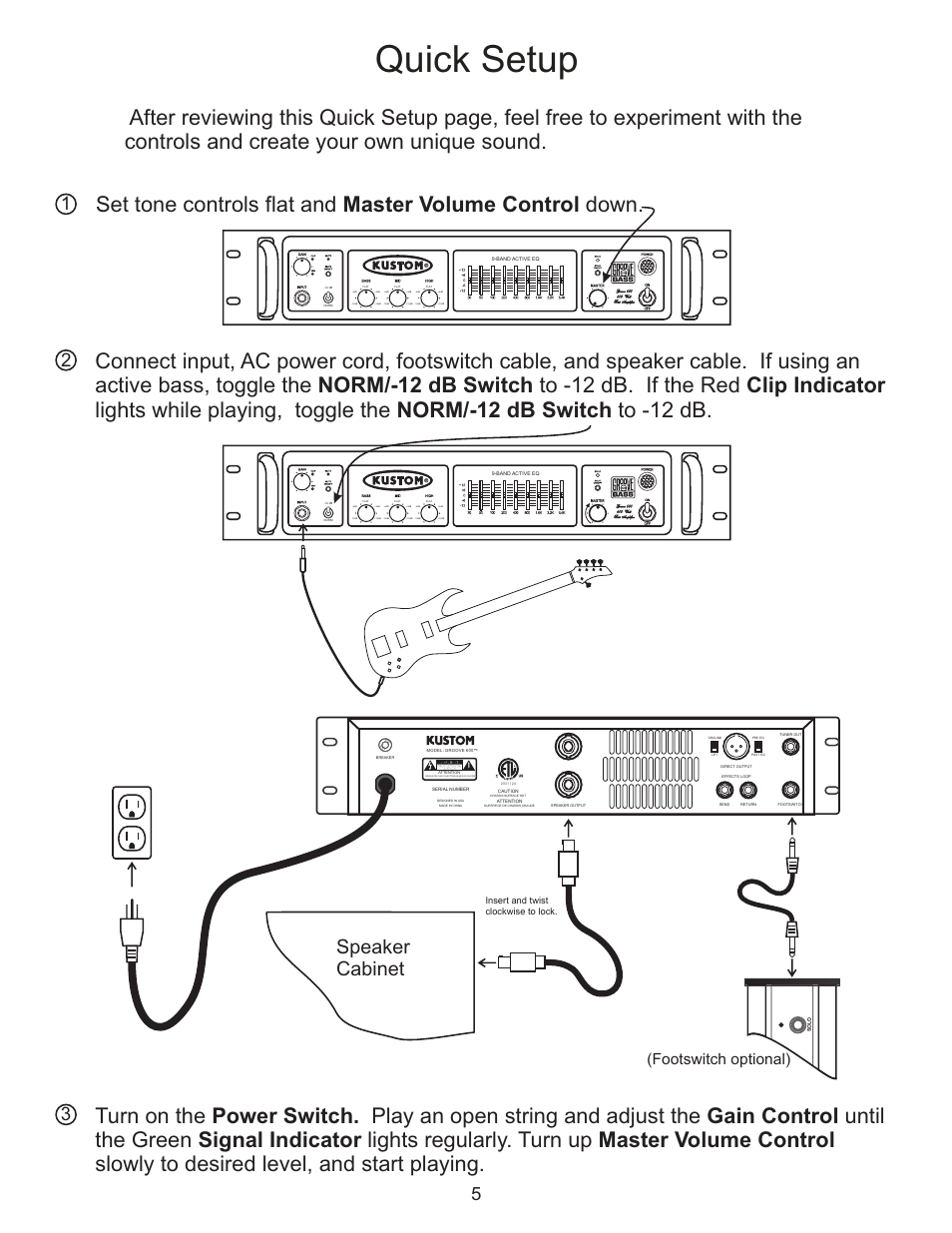 Quick setup, Speaker cabinet, Footswitch optional) | Kustom GROOVE 600TM User Manual | Page 5 / 12