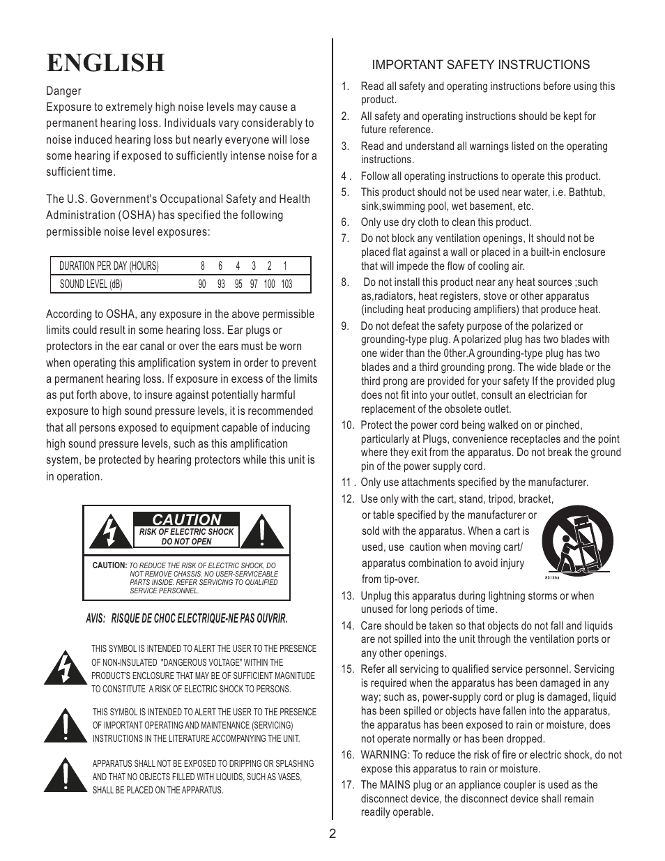 English, Caution | Kustom Dart 10FX User Manual | Page 2 / 8