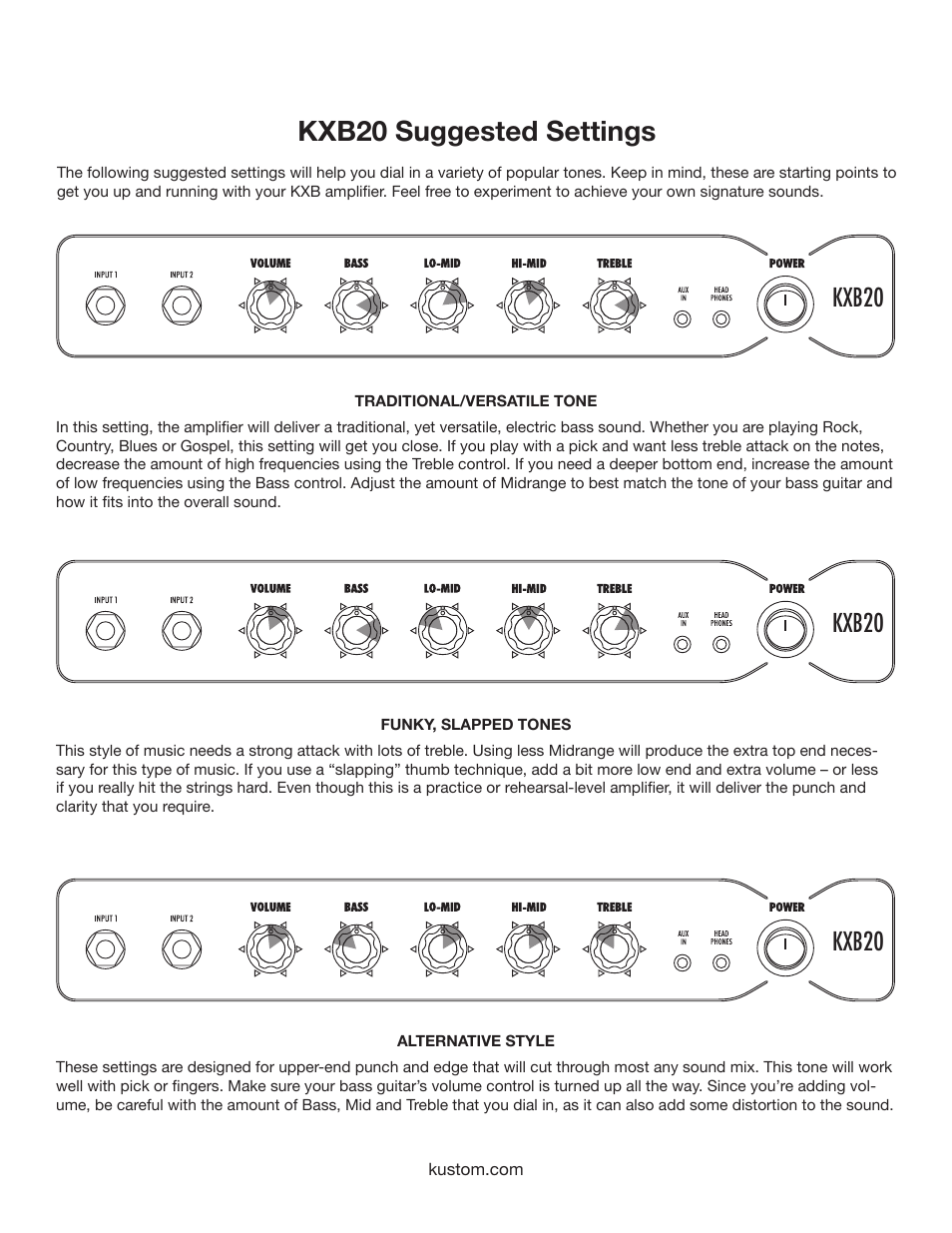 Kxb20 suggested settings, Kxb20 | Kustom KXB20 User Manual | Page 7 / 12