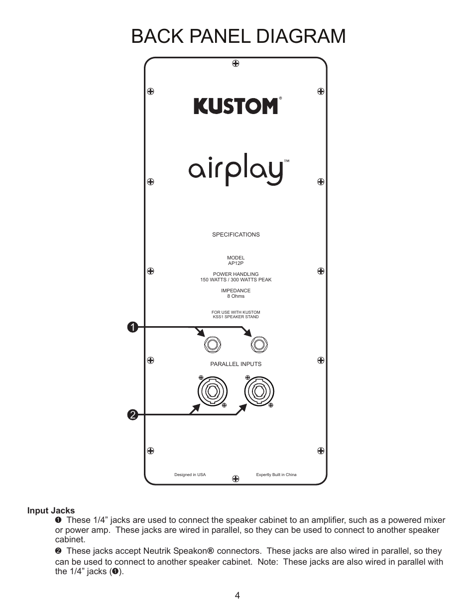Back panel diagram | Kustom AP12P User Manual | Page 4 / 8