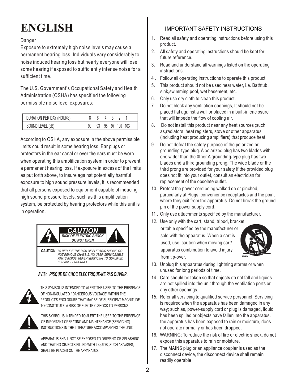 English, Caution | Kustom KBA115C/KBA210C User Manual | Page 2 / 8