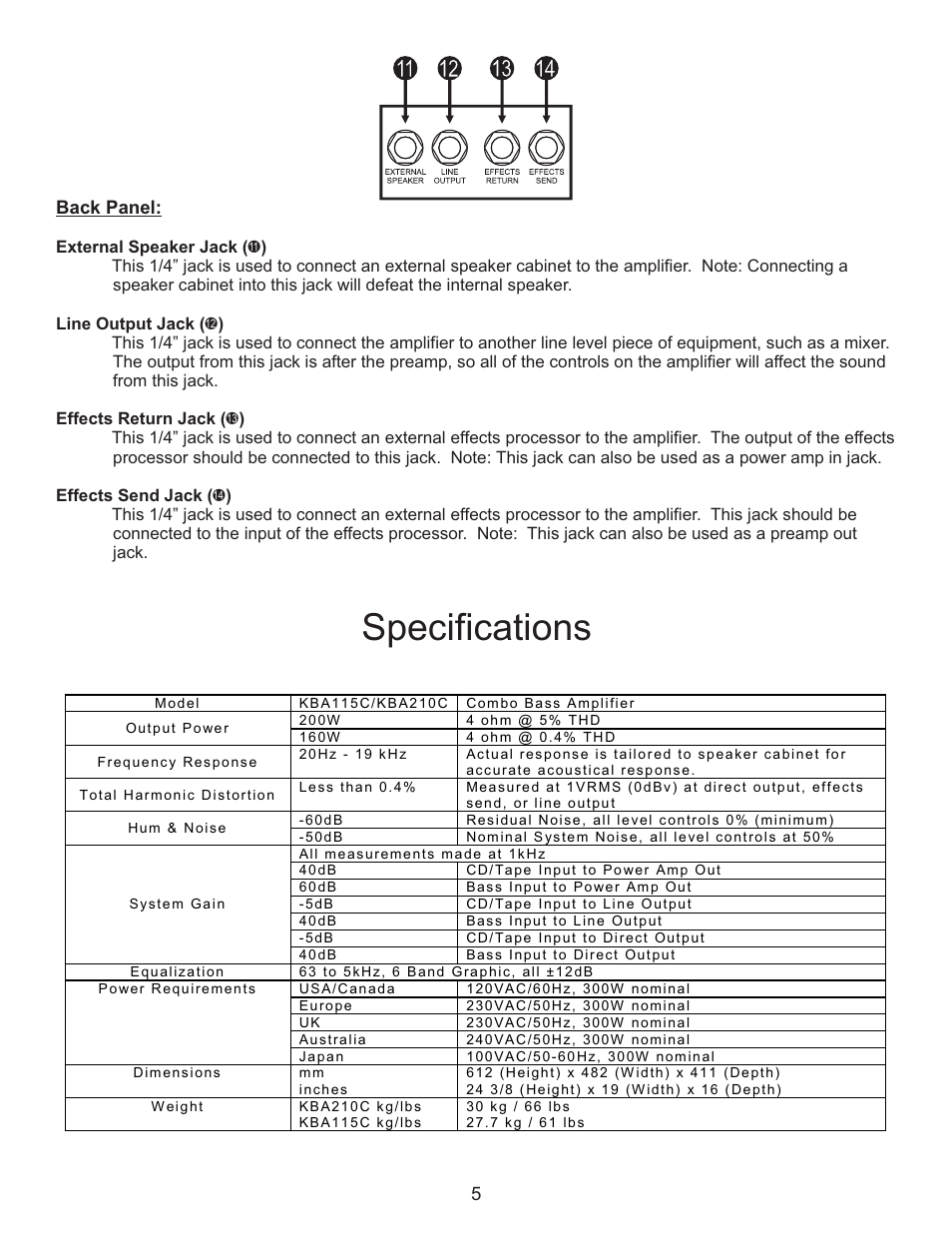 Specifications | Kustom KBA115C/KBA210C User Manual | Page 5 / 8