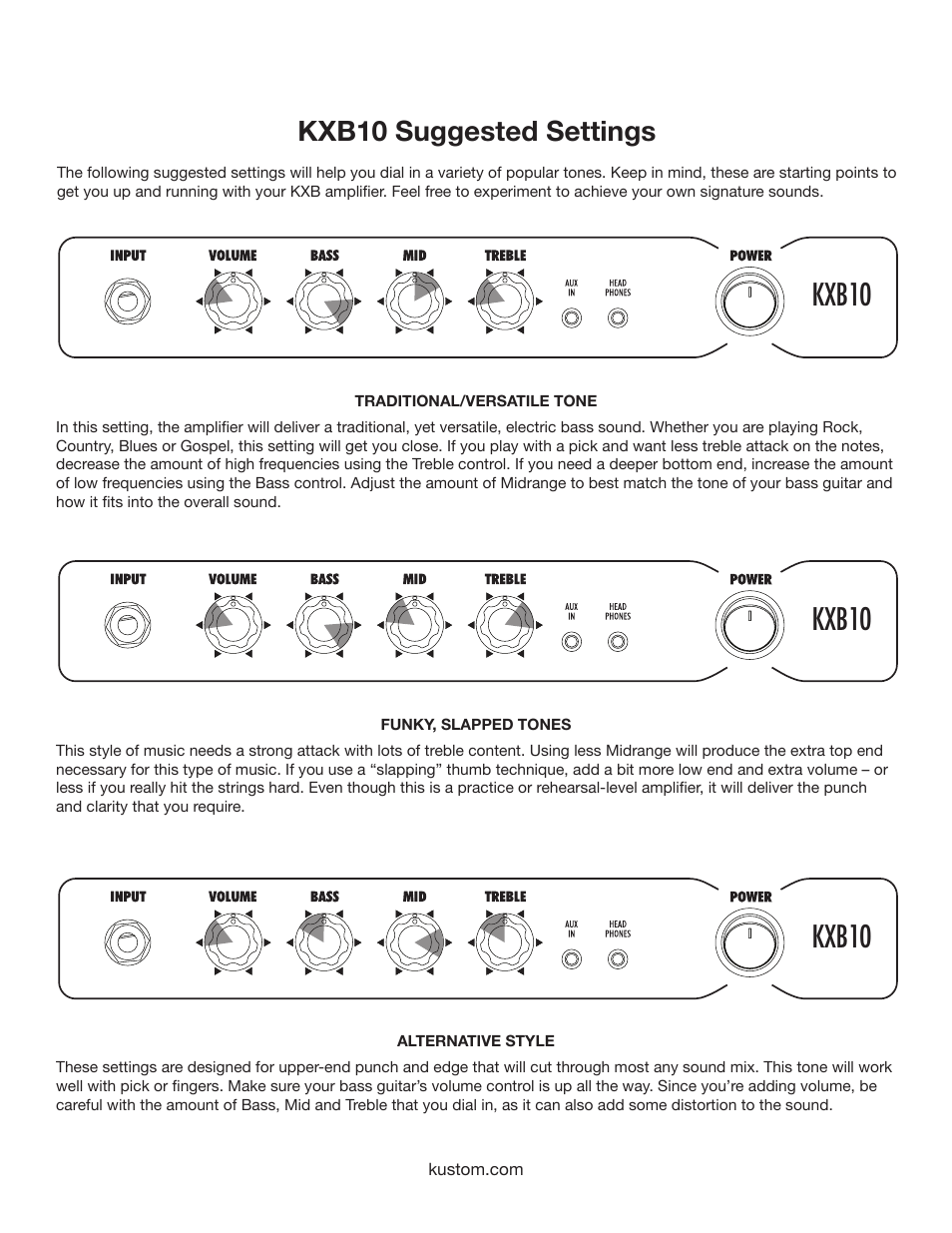 Kxb10, Kxb10 suggested settings | Kustom KXB10 User Manual | Page 7 / 12